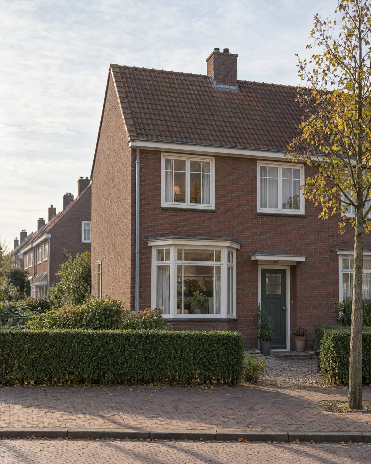 Jaren-dertig hoekwoning aan een rustige straat met klinkers, aan het eind van de middag.