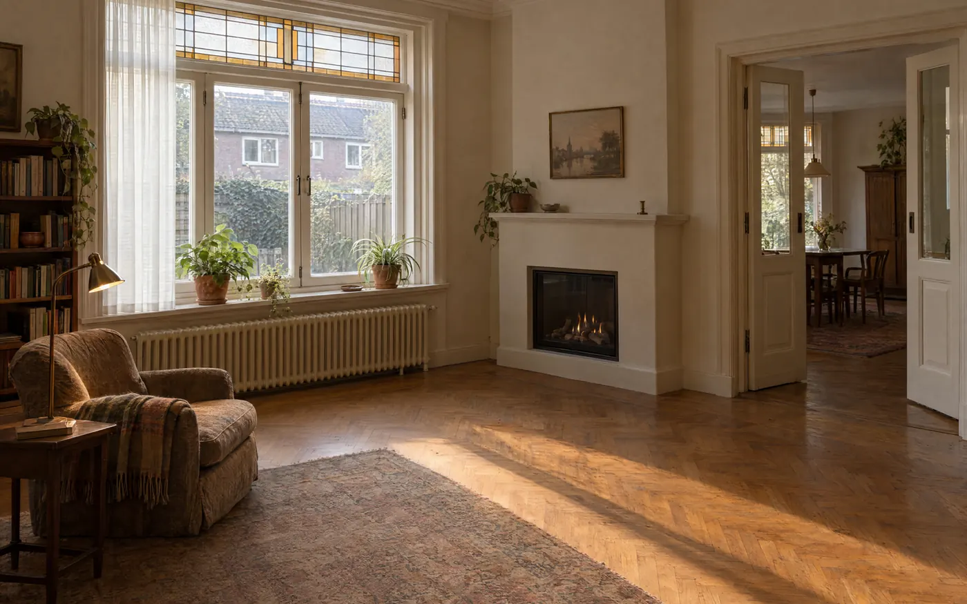 Woonkamer in een jaren-dertig woning: visgraatparket, schouw en glas-in-lood boven de ramen.